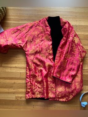 Reversible unisex smoking jacket luxe black velvet and silky red gold phoenix L